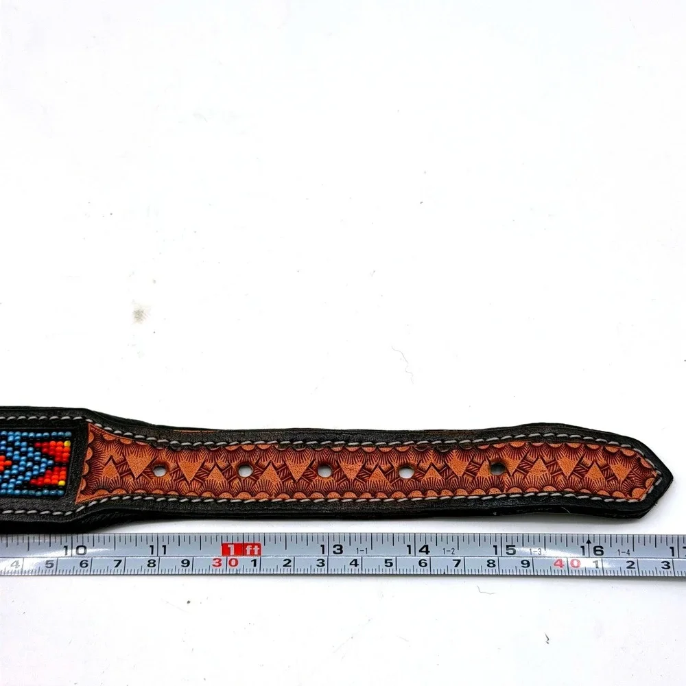 Myra Dodger Trail Dog Collar Black Leather Beaded Tooled Southwestern Small